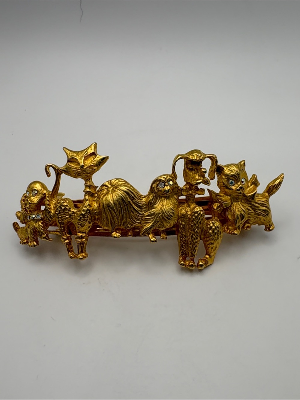 KIRKS FOLLY WHIMSICAL VINTAGE/RARE GOLD DOG & CAT HAIR BARRETTE